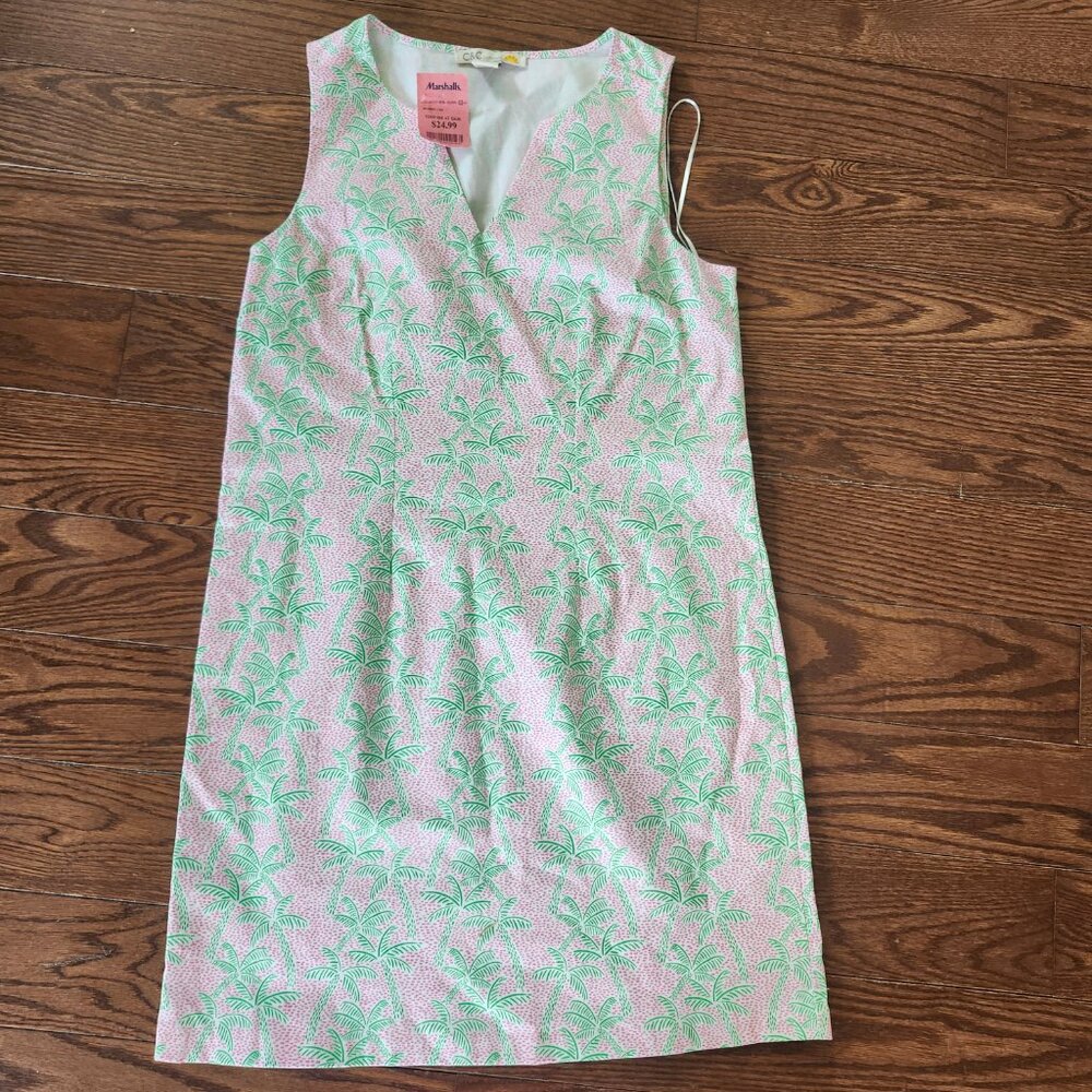C&C California Green & Pink Palm Tree Sleeveless Shift Dress Size 6 Preppy Style